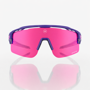 Ketel Marte pink and purple baseball Sunglasses with pink lenses and purple frames, featuring a visor and additional lens options on a white background.