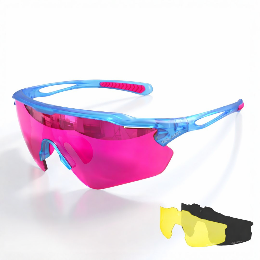 Solaro Shades baseball sunglasses. Pink and blue sports sunglasses for softball, running, and more. 