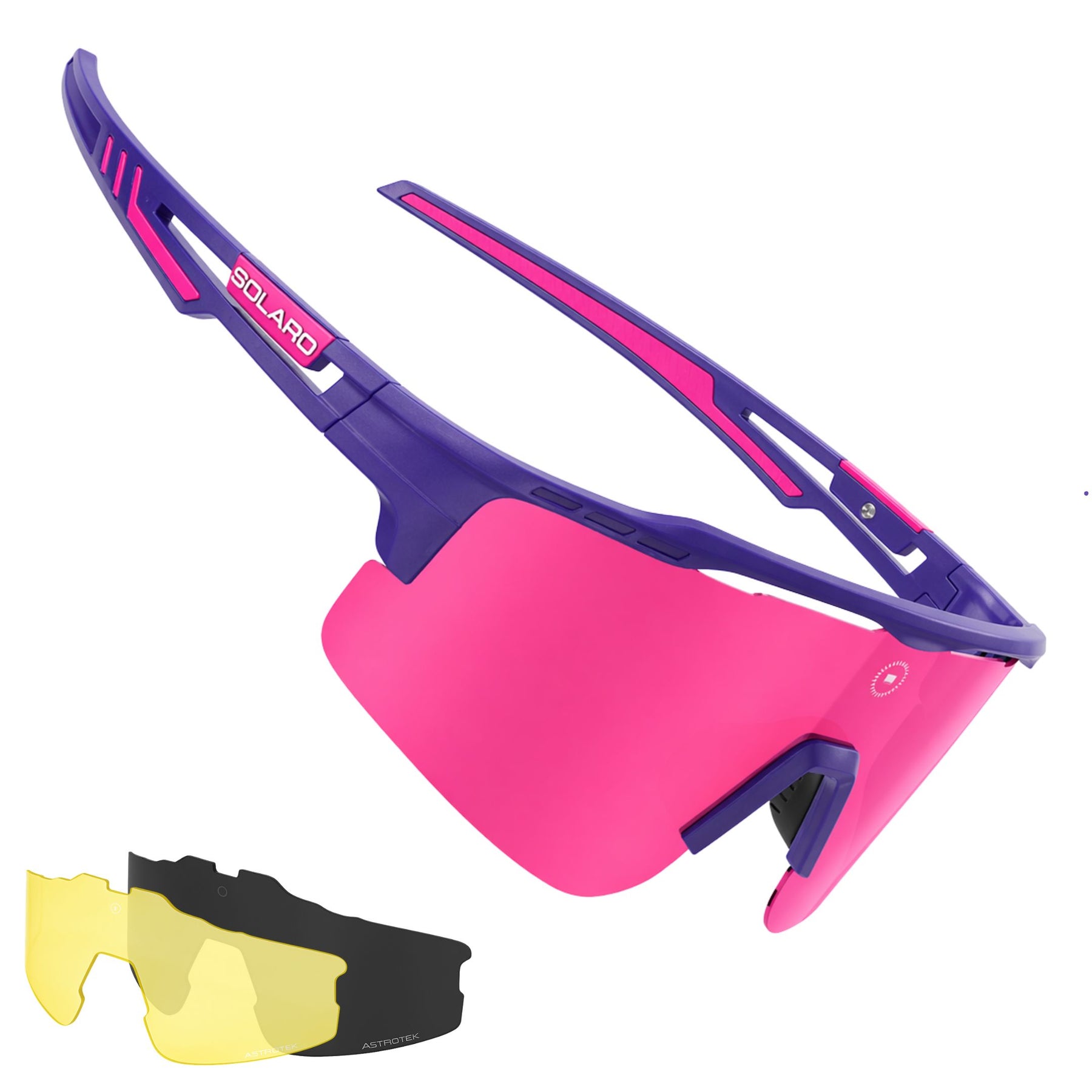 Ketel Marte pink and purple baseball Sunglasses with pink lenses and purple frames, featuring a visor and additional lens options on a white background.