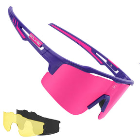 Ketel Marte pink and purple baseball Sunglasses with pink lenses and purple frames, featuring a visor and additional lens options on a white background.