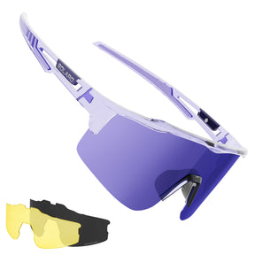 Solaro Shades shorts Sunglasses with a purple lens and clear frame, featuring Polaro brand name, on a white background.