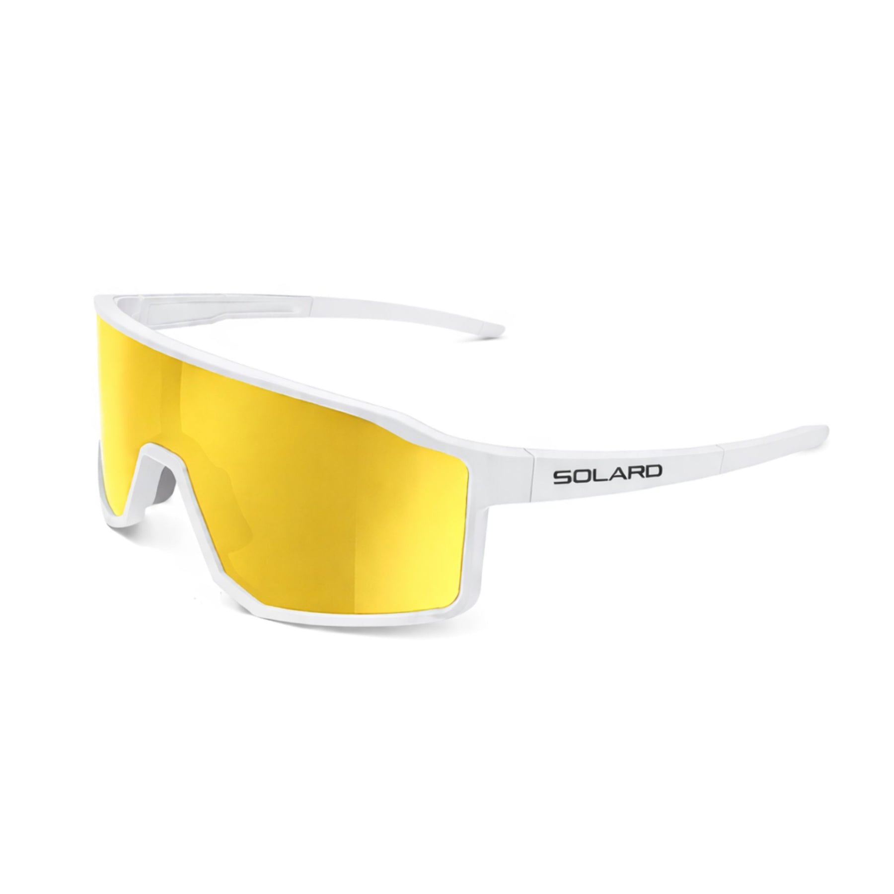 Youth baseball Sunglasses with gold reflective lenses and white frame on a white background.
