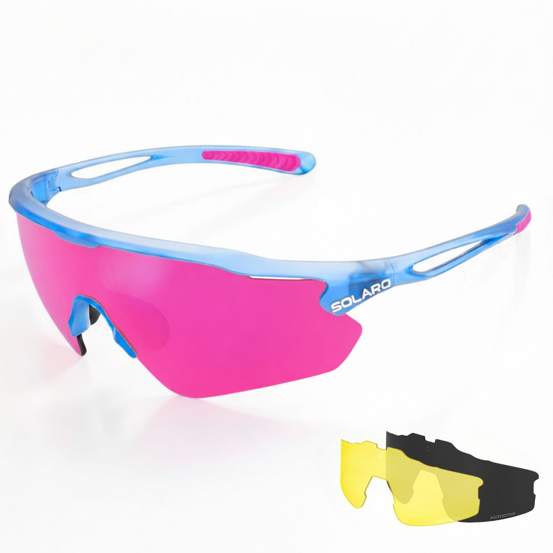 Solaro Shades baseball sunglasses and softball sunglasses
. Pink and blue sports sunglasses for softball, running, and more. 