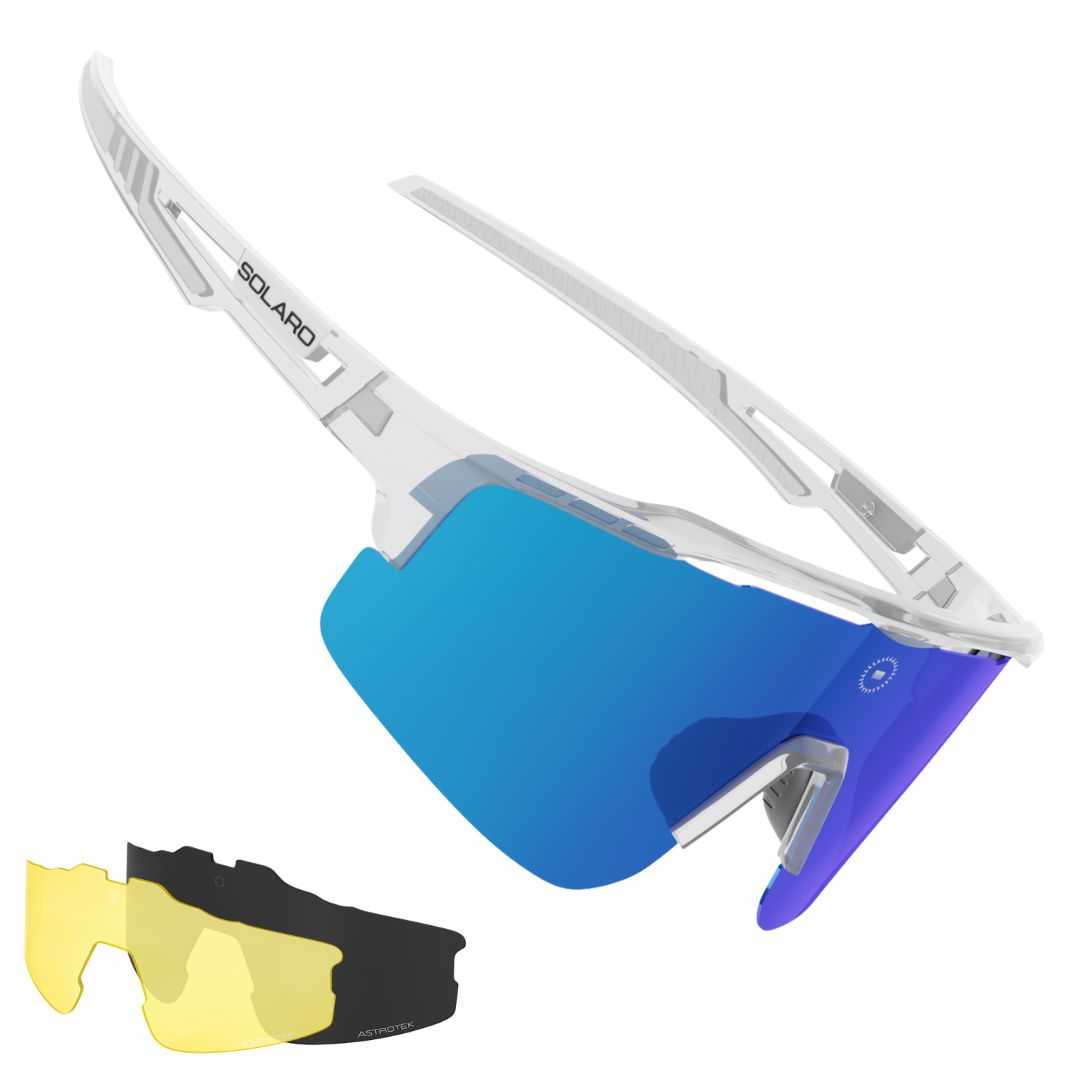 Baseball sunglasses from Solaro Shades. This model is the cracked ice version with a clear frame and blue lenses.