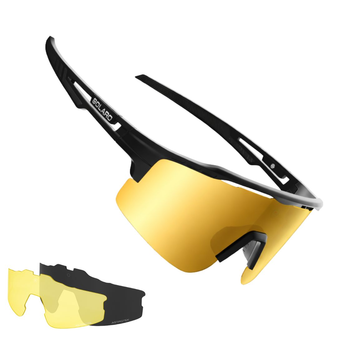 Solaro Shades Cosmos baseball sunglasses in Black Gold – sports eyewear for athletes. 