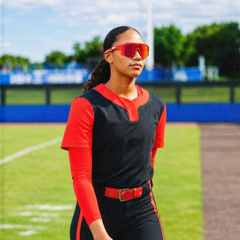 College softball player wearing red Solar Flare baseball sunglasses by Solaro Shades on a softball field.