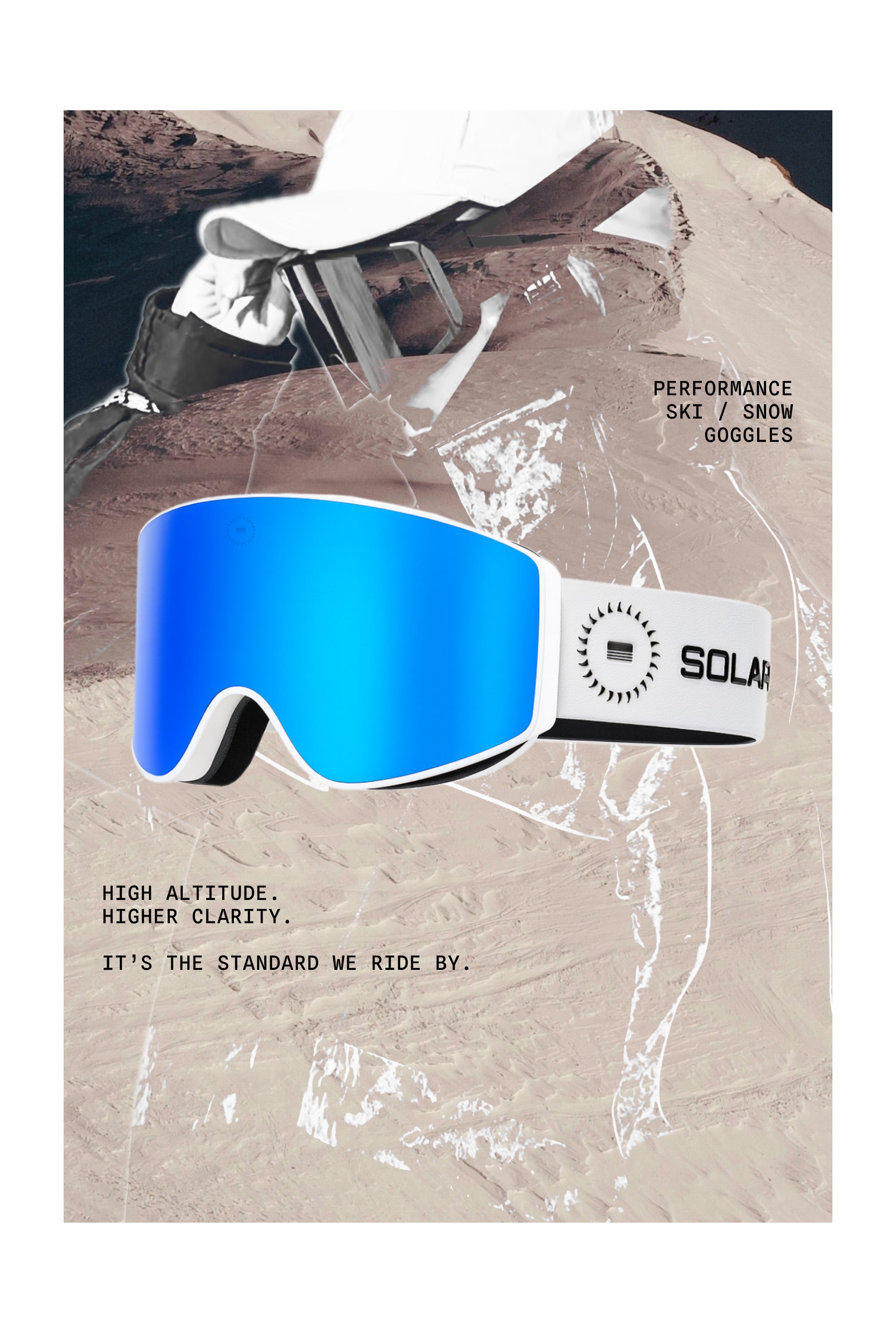 Solaro Shades ski goggles with blue mirrored lens and white strap, designed for skiing and snowboarding performance, shown with snowboard action graphics in the background.