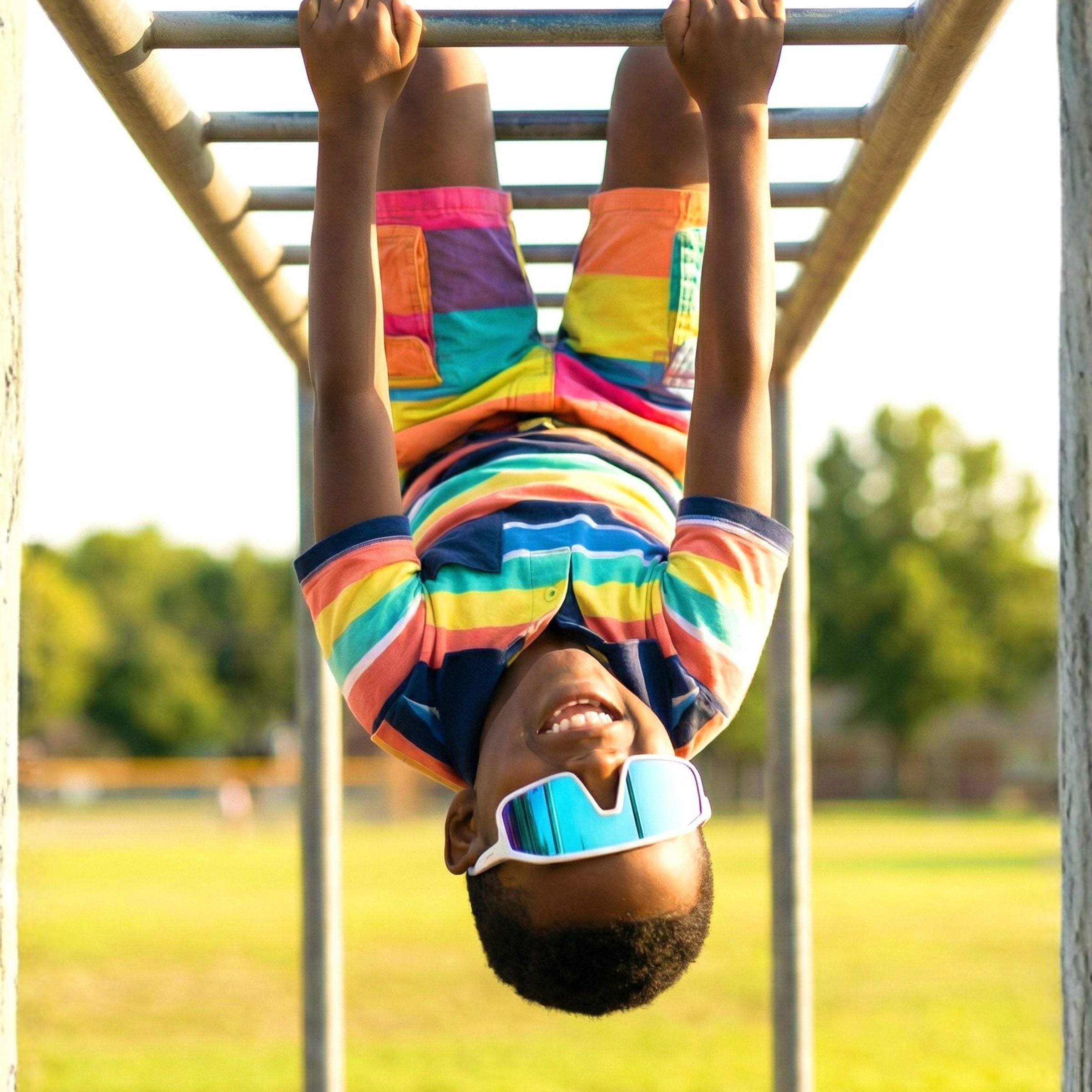 Child in colorful outfit and Solaro Shades kids sunglasses hanging from monkey bars outdoors