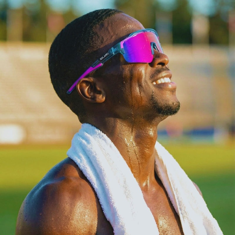Pink and blue Cotton Candy Solaro Shades baseball and softball sunglasses. 