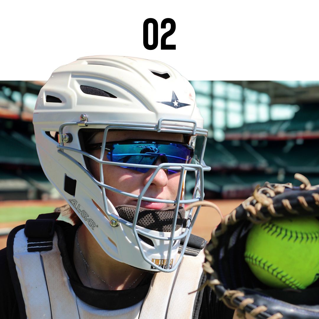 Solaro Shades baseball sunglasses in the Nova frame shape. Best sunglasses for catchers.  Tinley Lucas of Grand Canyon Softball.