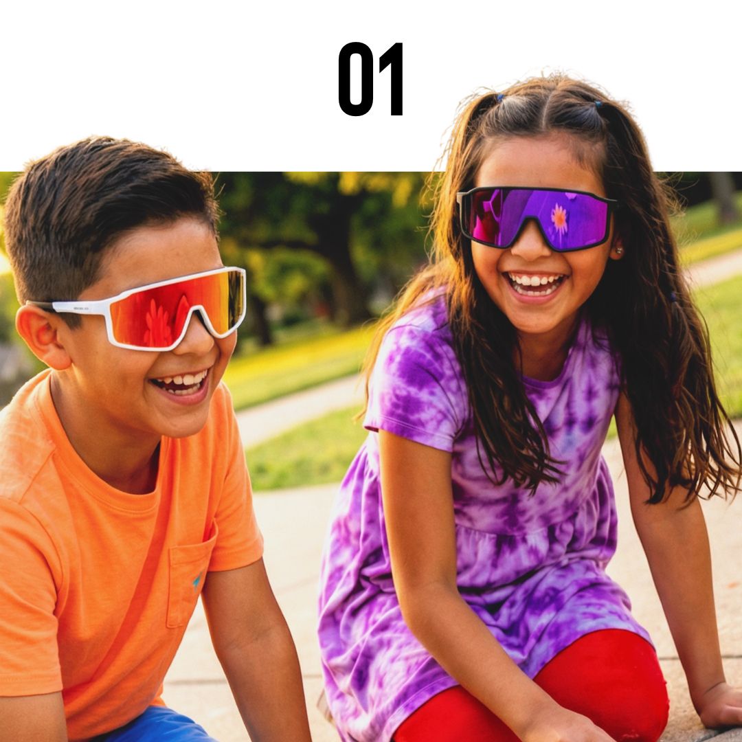 Two children wearing colorful Solaro Shades kids sunglasses outdoors