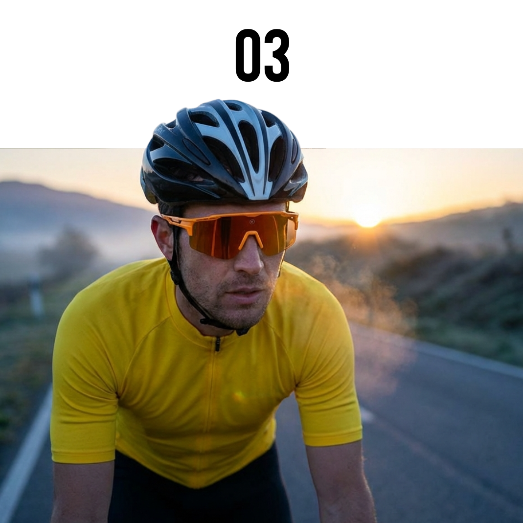 Person cycling on a road with a scenic background wearing Solaro Shades cycling sunglasses