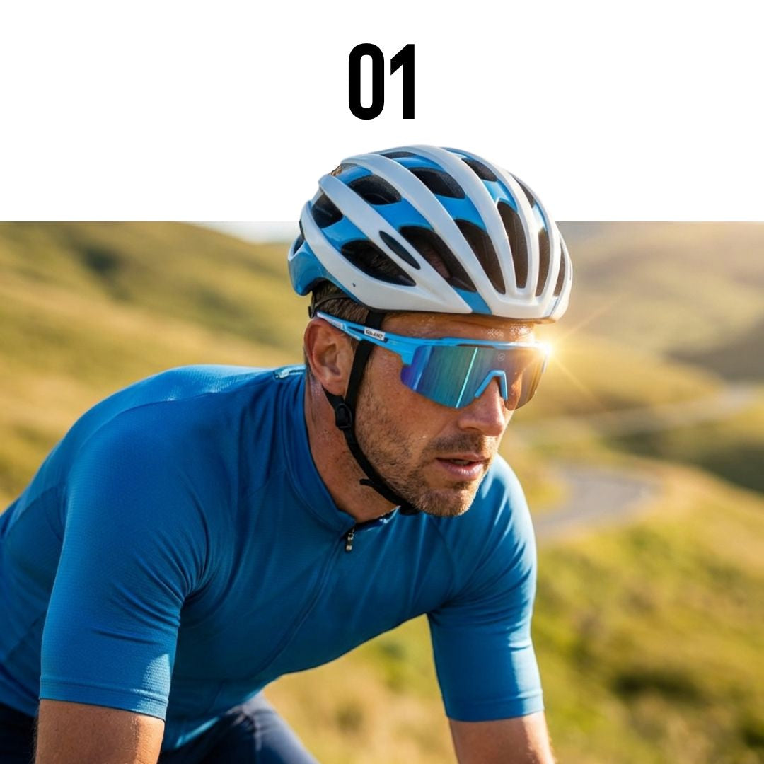 Cyclist in blue helmet and and Solaro Shades cycling sunglasses on a road with a blurred natural background