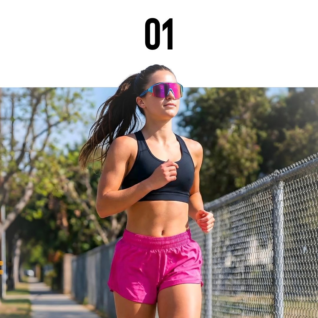 Female runner wearing Solaro Shades sports sunglasses as running sunglasses. 