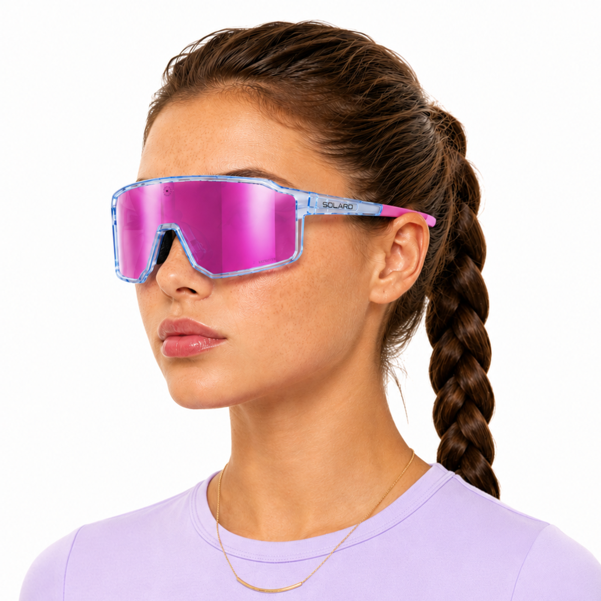young woman wearing blue and pink reflective solaro pluto sunglasses with a white background
