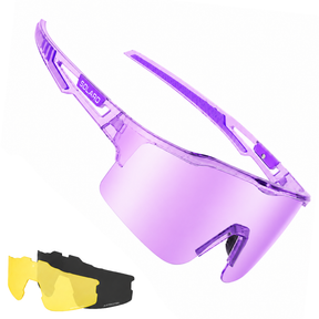 Solaro Shades shorts Sunglasses with a purple lens and clear frame, featuring Polaro brand name, on a white background.