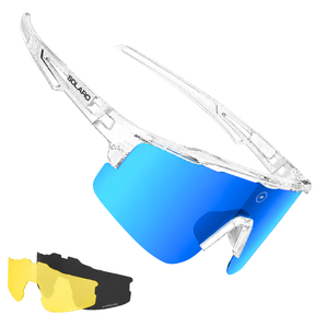 Baseball sunglasses from Solaro Shades. This model is the cracked ice version with a clear frame and blue lenses.