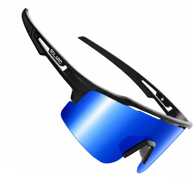 Solaro "midnight blue blaze" baseball Sunglasses with blue lenses and black frame on a white background.