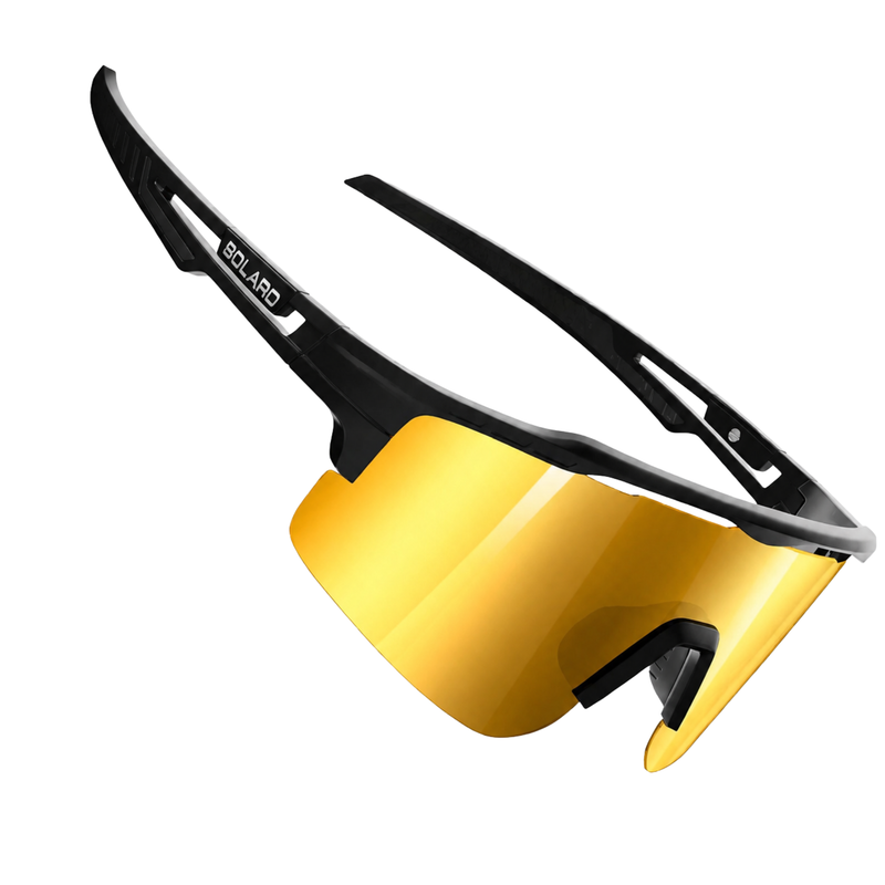 Sporty performance baseball sunglasses with black frame and yellow lens by Solaro Shades on a white background.