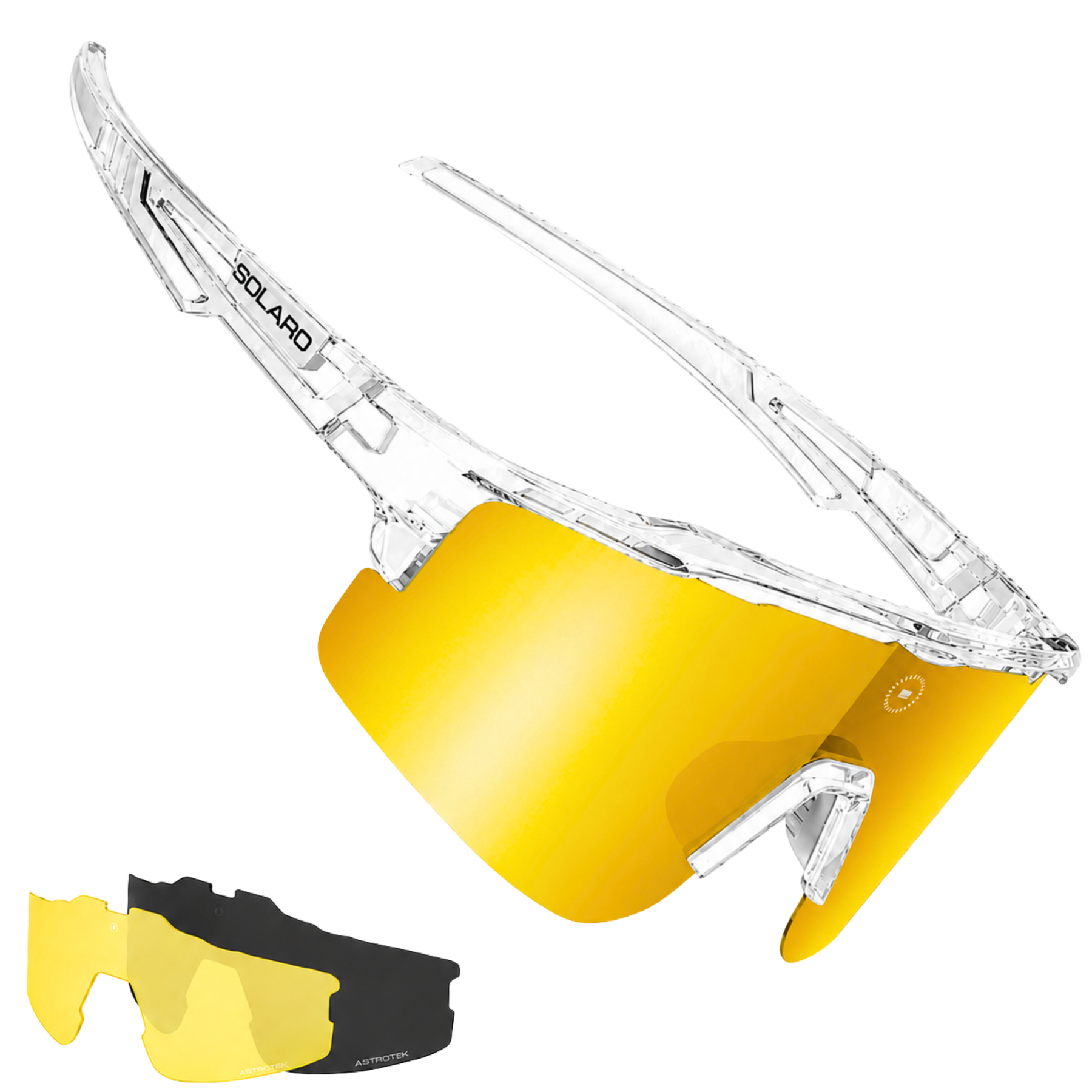 Clear frame solaro shades performance baseball sporty sunglasses with yellow lenses and additional yellow lens on a white background