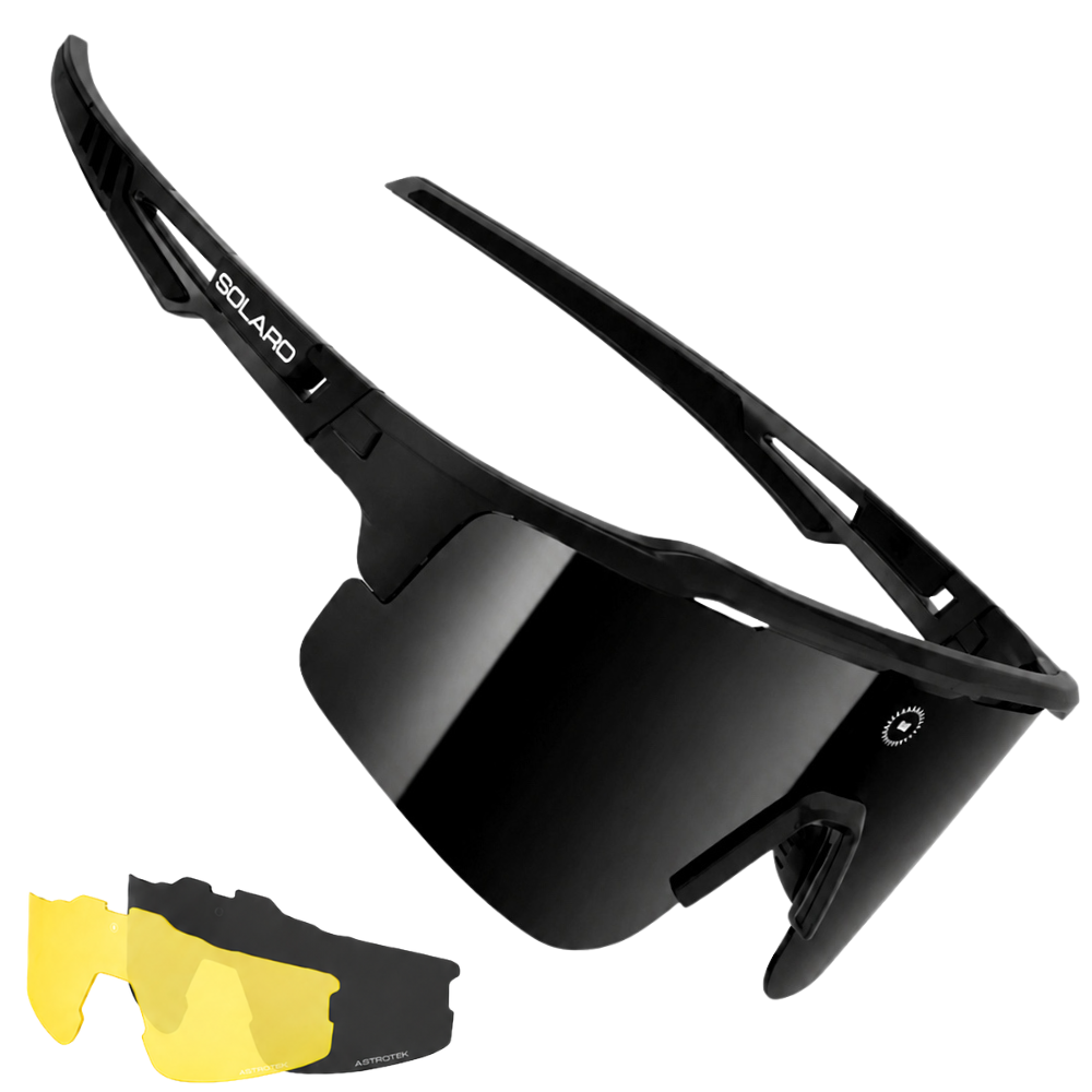 Black mirrored lens baseball sunglasses from Solaro Shades, great for running, softball and more. 