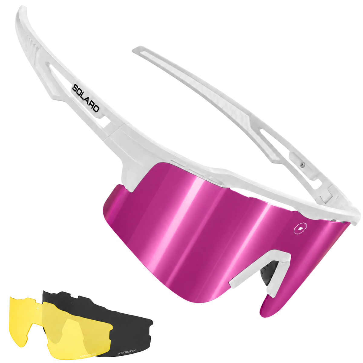 Pink mirrored baseball sunglasses with white frames by Solaro shades, the #1 choice for sports sunglasses and performance sunglasses. 