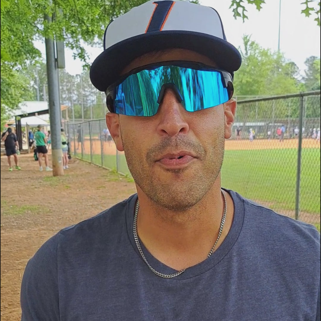 Solaro Shades Cosmos baseball sunglasses in Black Gold – sports eyewear for athletes.  Mark Paul (Mpthreebaseball) changes the lenses. 
