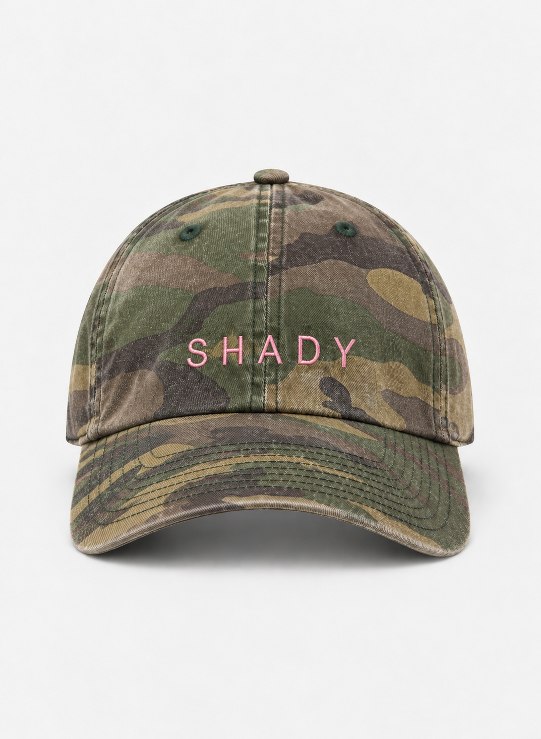 The Shady Camo Hat — front view with pink SHADY embroidery