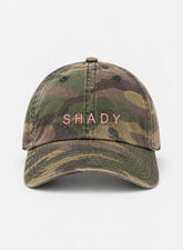 The Shady Camo Hat — front view with pink SHADY embroidery