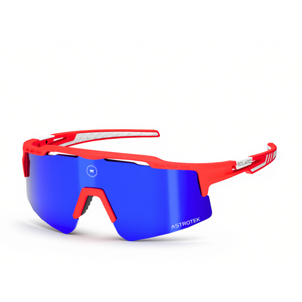 Solaro Cosmos Abreu 2 sunglasses with red frame, white accents and deep blue mirrored lens, three-quarter view on white.