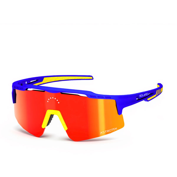 Solaro Cosmos Abreu: National Pride sunglasses with blue frame, yellow accents and red-orange lens with star etching, three-quarter view on white.