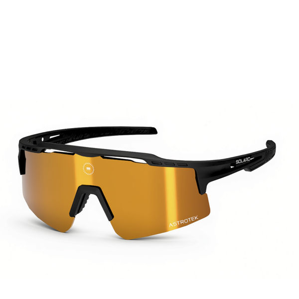 Solaro Cosmos Black Gold sunglasses with black frame and gold mirrored lens, three-quarter view on white.