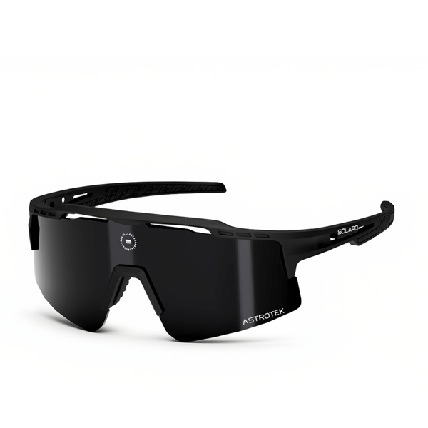 Solaro Cosmos Blackout sunglasses with black frame and black lens, three-quarter view on white.