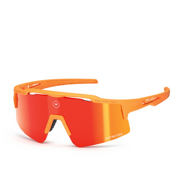 Solaro Cosmos Citrus Burst sunglasses with orange frame and red-orange mirrored lens, three-quarter view on white.