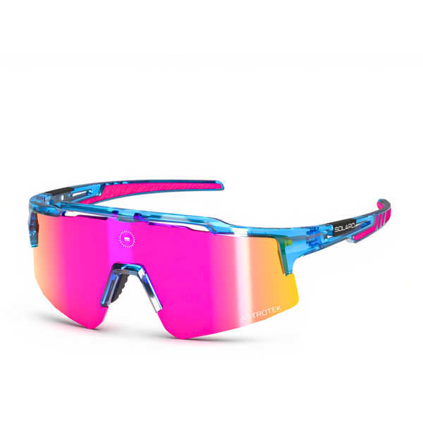 Solaro Cosmos Cotton Candy sunglasses with translucent blue frame, pink accents and pink mirrored lens, three-quarter view on white.