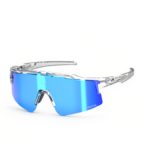 Solaro Cosmos Cracked Ice sunglasses with clear frame and blue mirrored lens, three-quarter view on white.