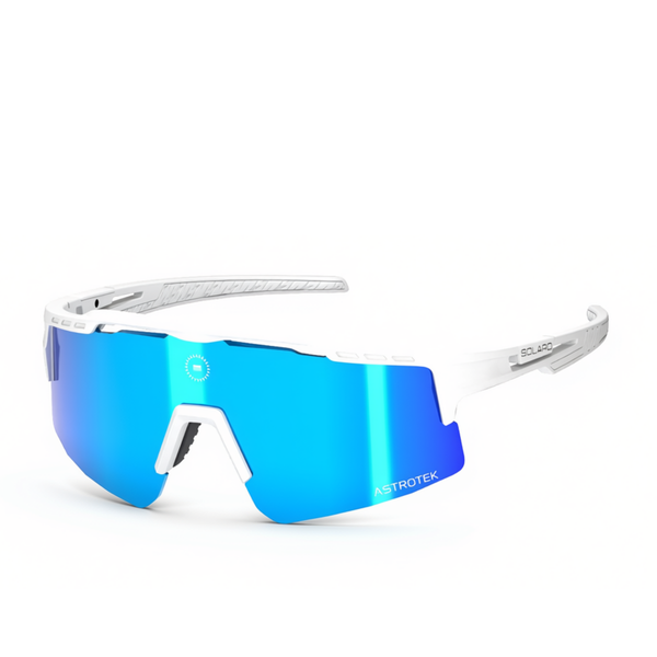Solaro Cosmos Glacial Frost sunglasses with white frame and blue mirrored lens, three-quarter view on white.