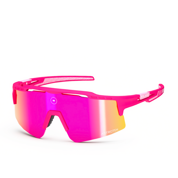 Solaro Cosmos Hot Pink sunglasses with hot pink frame and pink mirrored lens, three-quarter view on white.