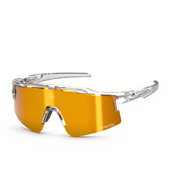 Solaro Cosmos King Midas sunglasses with clear frame and gold mirrored lens, three-quarter view on white.