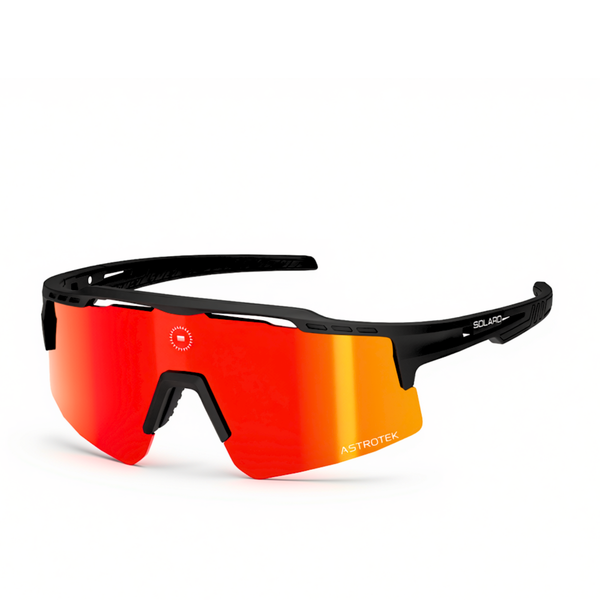 Solaro Cosmos Lava sunglasses with black frame and red-orange mirrored lens, three-quarter view on white.