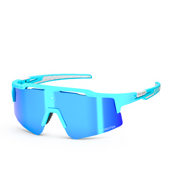 Solaro Cosmos Made by Jesús 1 sunglasses with aqua frame, white accents and blue mirrored lens, three-quarter view on white.