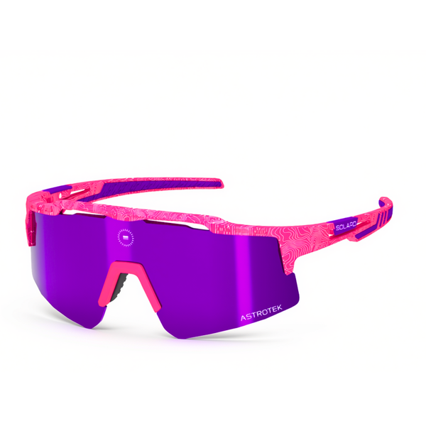 Solaro Cosmos Marte 1 sunglasses with pink contour-patterned frame and purple mirrored lens, three-quarter view on white.