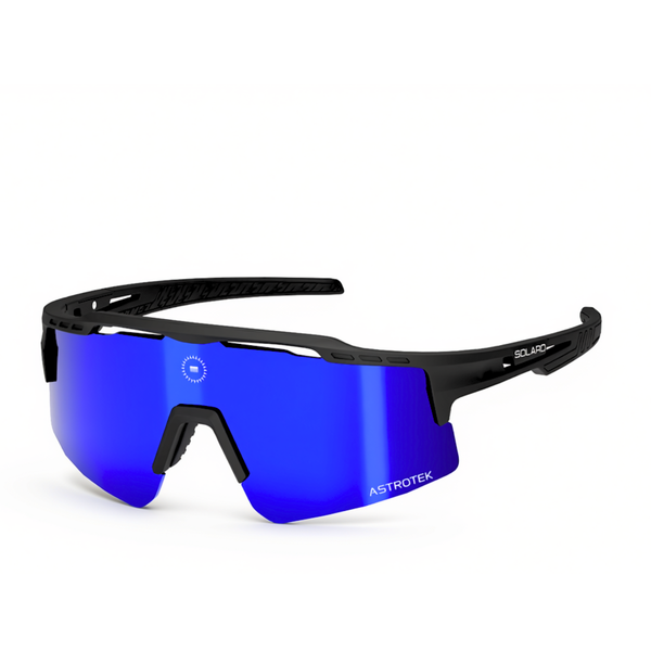 Solaro Cosmos Midnight Blue Blaze sunglasses with black frame and deep blue mirrored lens, three-quarter view on white.