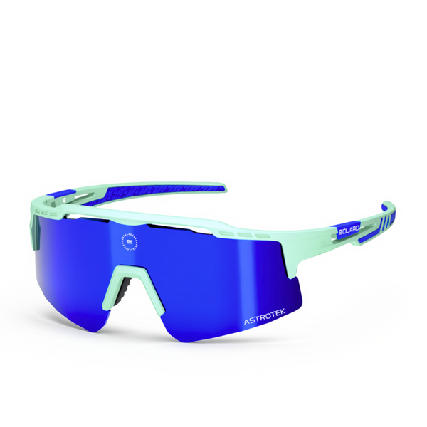 Solaro Cosmos Mint Fresh sunglasses with mint frame, blue accents and deep blue mirrored lens, three-quarter view on white.