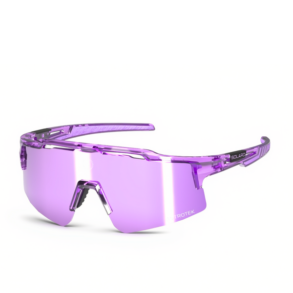 Solaro Cosmos Purple Crush sunglasses with translucent purple frame and lilac mirrored lens, three-quarter view on white.