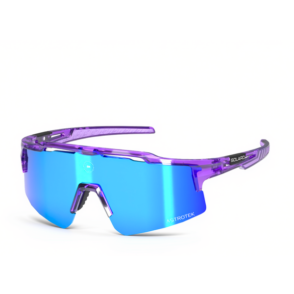 Solaro Cosmos Purple Splash sunglasses with translucent purple frame and blue mirrored lens, three-quarter view on white.