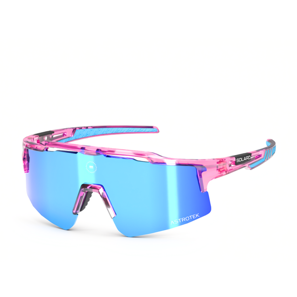Solaro Cosmos Showstopper sunglasses with translucent pink frame, blue accents and blue mirrored lens, three-quarter view on white.