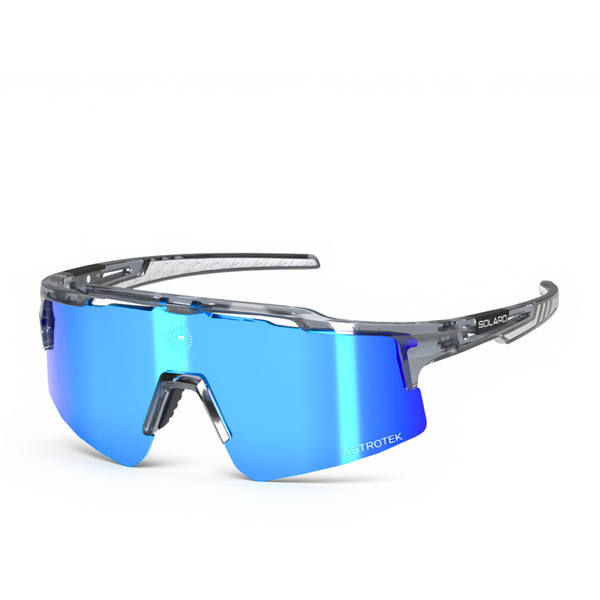 Solaro Cosmos Smoky Mountains sunglasses with translucent gray frame and blue mirrored lens, three-quarter view on white.