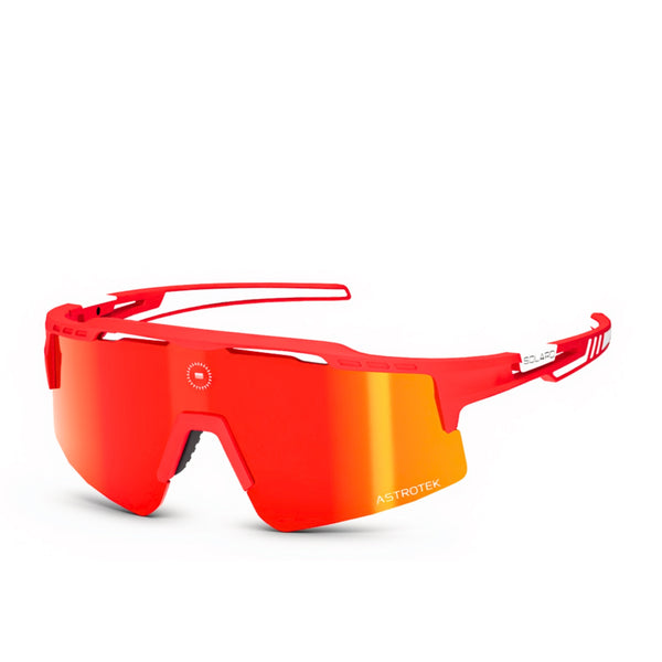 Solaro Cosmos Solar Flare sunglasses with red frame, white accents and red-orange mirrored lens, three-quarter view on white.