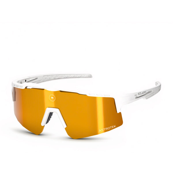 Solaro Cosmos White Gold sunglasses with white frame and gold mirrored lens, three-quarter view on white.